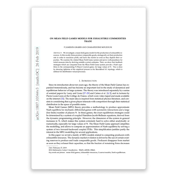 On mean field games models for exhaustible commodities trade — research by Charafeddine Mouzouni